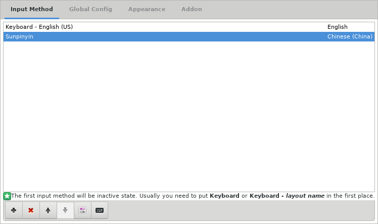 Figure 7: A screenshot of the English US and Sunpinyin input methods listed in the fcitx configuration window